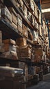Boxes stacked in warehouse aisle, morning light, industrial storage concept Royalty Free Stock Photo
