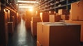 Boxes stacked in warehouse aisle with sunlight streaming through, creating warm and soft glow Royalty Free Stock Photo