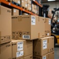Boxes stacked in a warehouse setting, each labeled with shipping and handling Royalty Free Stock Photo