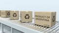 Cartons with PRODUCT OF ARGENTINA text on roller conveyor. Argentinean import or export related 3D rendering