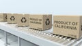 Cartons with PRODUCT OF CALIFORNIA text on roller conveyor. Import or export related 3D rendering