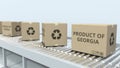 Cartons with PRODUCT OF GEORGIA text on roller conveyor. Georgian import or export related 3D rendering