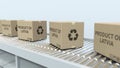 Cartons with PRODUCT OF LATVIA text on roller conveyor. Latvian import or export related 3D rendering