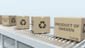 Cartons with PRODUCT OF SWEDEN text on roller conveyor. Swedish import or export related 3D rendering