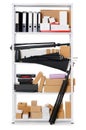 Boxes and tools on shelves, white metal rack, isolated object photo, domestic and business warehouse concept