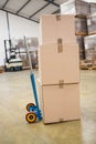 Boxes on trolley in warehouse Royalty Free Stock Photo