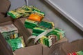 boxes of various vegetable seeds in the gardening department of a shop in Belarus Minsk January 27, 202. Preparation for spring