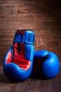 Boxing backgrounds with two blue and red gloves on the wooden plank. Royalty Free Stock Photo