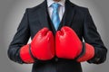 Boxing businessman with red gloves on gray background
