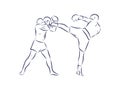 Boxing champ standing and ready to fight . Man boxer. Fighter silhouette hand drawn vector sketch