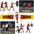 Boxing colorful set consist of boxers fighting in ring man with punching bag referee announces victory professional