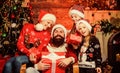 Boxing day. Happy holidays. Parents and children opening christmas gifts. Father bearded man and mother with cute Royalty Free Stock Photo