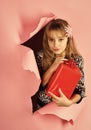 Boxing day, holiday celebration and party. Small girl with shopping package, black friday. Child girl with present pack