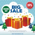 Boxing Day Sale Design with gift boxes, Paper bag, and snowy landscape Royalty Free Stock Photo