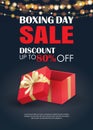 Boxing day sale with red gift box advertising poster template. Use for flyer, banner, christmas seasonal offer, discount Royalty Free Stock Photo