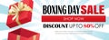 Boxing day sale with red gift box advertising poster template. Use for flyer, banner, christmas seasonal offer, discount Royalty Free Stock Photo