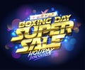 Boxing day super sale, holiday discounts, vector web banner template with festive sparkles lights