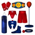 Boxing equipment, game tool collection, vector set Royalty Free Stock Photo