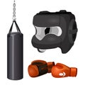 Boxing equipment punchbag on chain, protective headgear mask, leather gloves