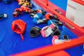 boxing equipment on the ropes of a boxing ring Royalty Free Stock Photo