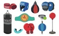 Boxing Equipment Tools Set Vector. Box Accessories. Isolated Cartoon Illustration