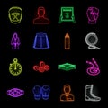 Boxing extreme sports neon icons in set collection for design. Boxer and attributes vector symbol stock web illustration