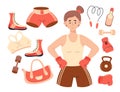 Boxing female sports. Happy woman boxer, sports equipment and kettlebell, boots, sportswear, jump rope, dumbbells and