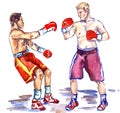 Boxing fight, athlete sends in a knockout his opponent, hand painted watercolor illustration