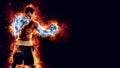 Boxing and fitness concept. Boxer man fighting or posing in gloves on black background with fire. Individual sports Royalty Free Stock Photo