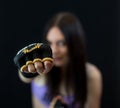 Boxing girl throwing a punch with gloves in focus