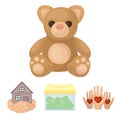 Boxing glass with donations, hands with hearts, house in hands, teddy bear for charity. Charity and donation set