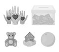 Boxing glass with donations, hands with hearts, house in hands, teddy bear for charity. Charity and donation set