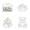 Boxing glass with donations, hands with hearts, house in hands, teddy bear for charity. Charity and donation set