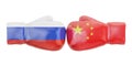Boxing gloves with China and Russia flags. Governments conflict