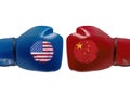 Boxing gloves with flags of USA and China symbolizing conflict between countries Royalty Free Stock Photo