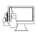 Boxing gloves hanging on computer monitor, flat design Royalty Free Stock Photo