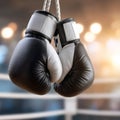 Boxing Gloves Hanging from Ropes in a Ring Surrounded by Bokeh Lights for Training and Competition Royalty Free Stock Photo