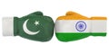 Boxing gloves with India and Pakistan flags. Political or war conflict concept, 3D rendering