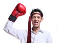 Boxing gloves man - concept showing aggressive female flexing mu Royalty Free Stock Photo