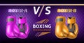 Boxing gloves poster. Realistic fight sport accessories, vs banner, different colors opponents, champion title fight