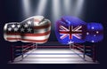 Boxing gloves with prints of the USA and Australian flags facing