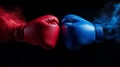Boxing gloves in red and blue colors collide, creating dynamic visual with colorful dust. This captures intensity and excitement Royalty Free Stock Photo