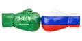 Boxing gloves with Russia and Saudi Arabia flags. Governments co