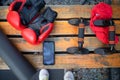 Boxing Gloves And Sport Equipment on the bench, Nobody Royalty Free Stock Photo