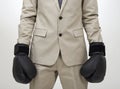 Boxing gloves, studio hands and business person, fighter or lawyer ready to fight for law. Suit, closeup boxer and Royalty Free Stock Photo