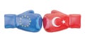 Boxing gloves with Turkey and EU flags. Governments conflict con