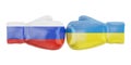 Boxing gloves with Ukraine and Russia flags. Governments conflict concept, 3D rendering
