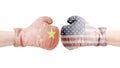 Boxing gloves with USA and China flag .USA vs China concept.