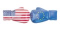 Boxing gloves with USA and EU flags. Governments conflict concept, 3D rendering