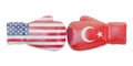 Boxing gloves with USA and Turkey flags. Governments conflict co